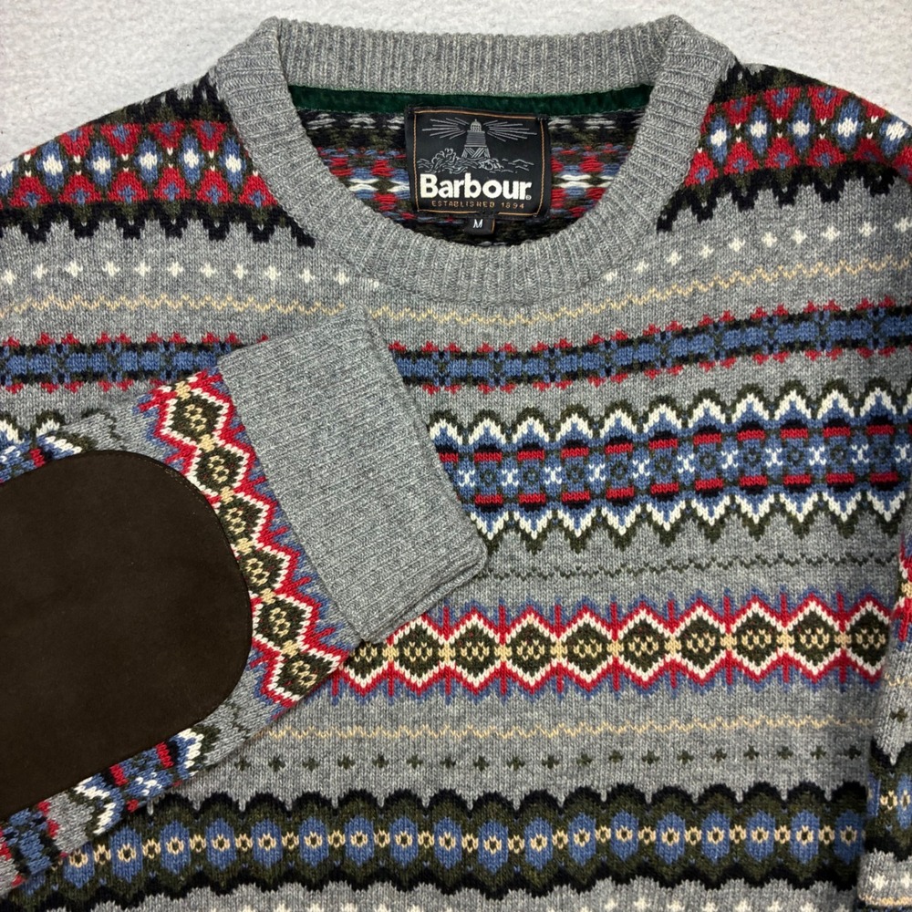 Barbour Fair Isle Lambswool Sweater Men M Gray Elbow Patch Caister Crewneck